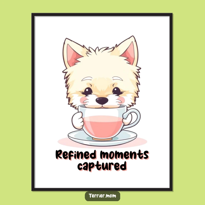 Funny Terrier Dog Art Print: Contented Sips Tiny Teacup Digital Gift