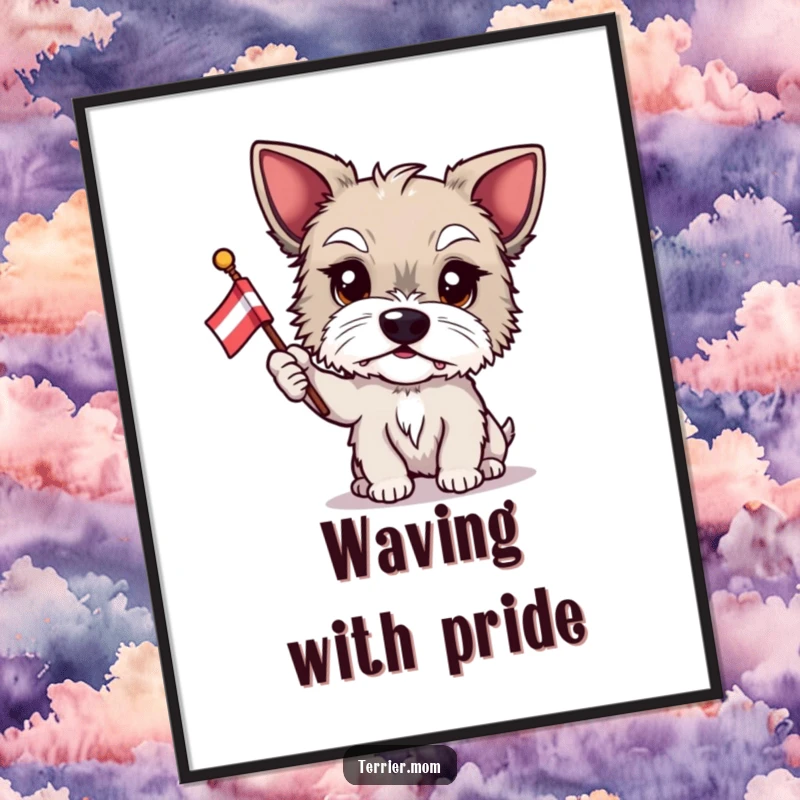 Funny Terrier digital art, proud dog, flag waving, patriotic pet, humorous printable decor, instant download, perfect funny gift.