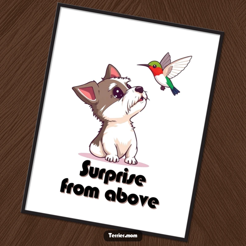 Funny digital art print of a terrier looking up with delighted surprise at a hovering hummingbird, perfect for instant wall decor.