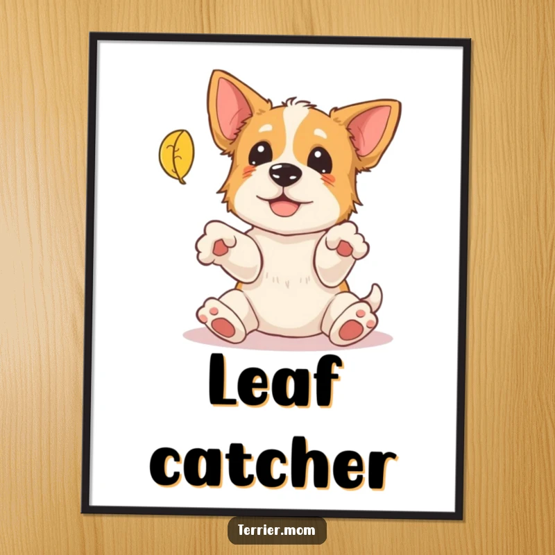 Funny Terrier Digital Art: A high-resolution image of a playful terrier with paws outstretched attempting to catch a falling leaf, perfect for digital display.