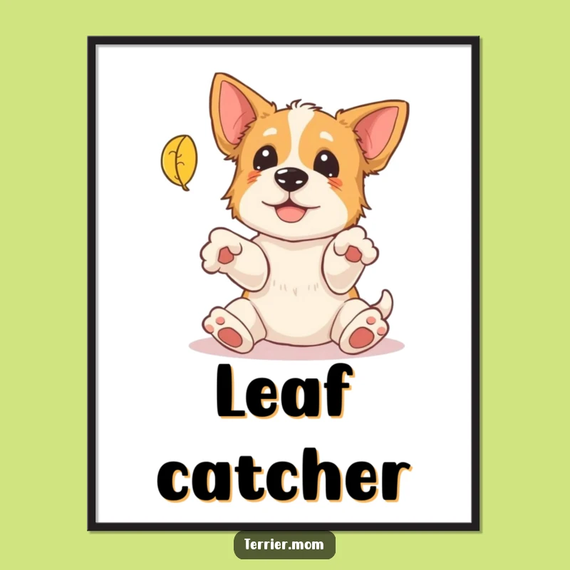 Funny Terrier Leaf Catching Digital Art: Autumn Dog Downloadable Print, Humorous Gift
