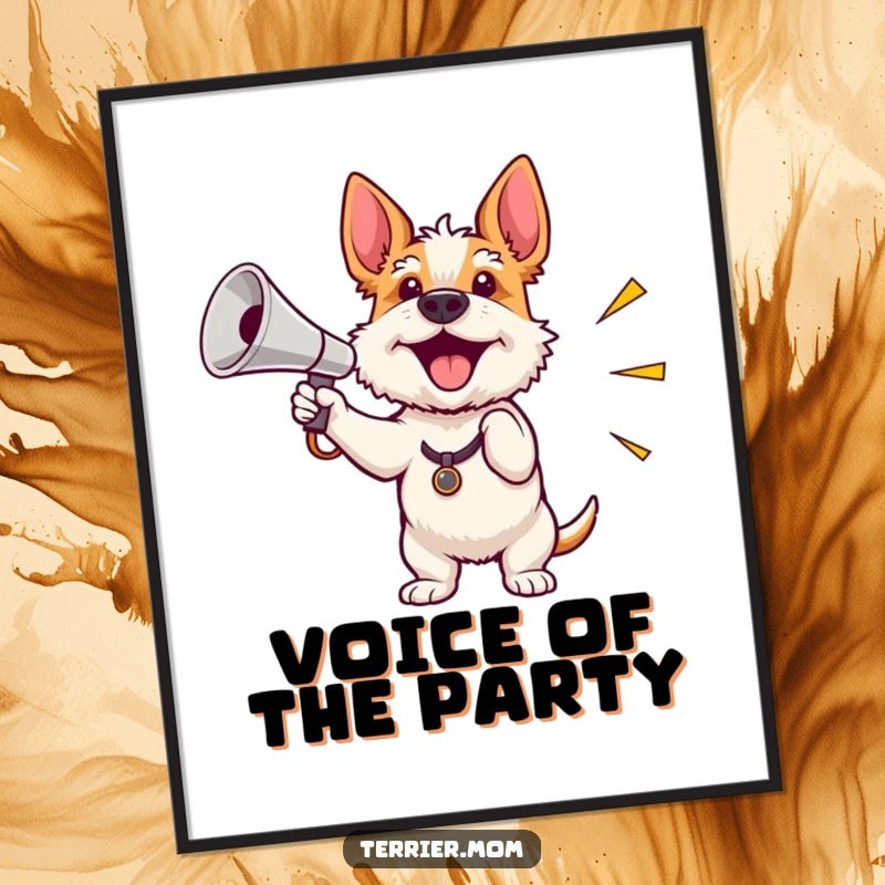 Funny digital art print of an enthusiastic terrier waving a miniature shiny megaphone, perfect for instant motivational wall decor.