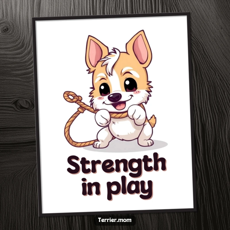 Funny tug-of-war terrier digital art print showing a happy, determined dog pulling on a rope.