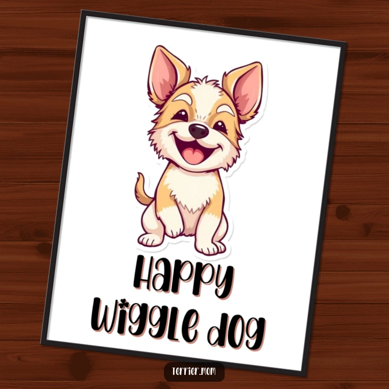 High-resolution digital art print of a funny terrier with floppy ears doing a full-body wiggle of excitement, ready for display.