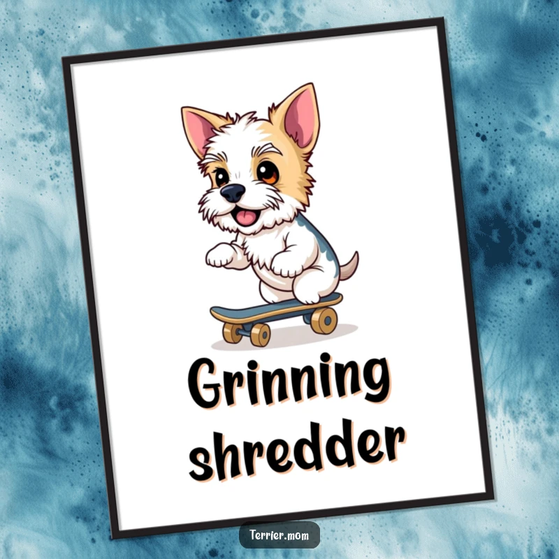 Funny Terrier digital art, cheeky dog, riding skateboard, cool pet, humorous printable decor, instant download, perfect funny gift.
