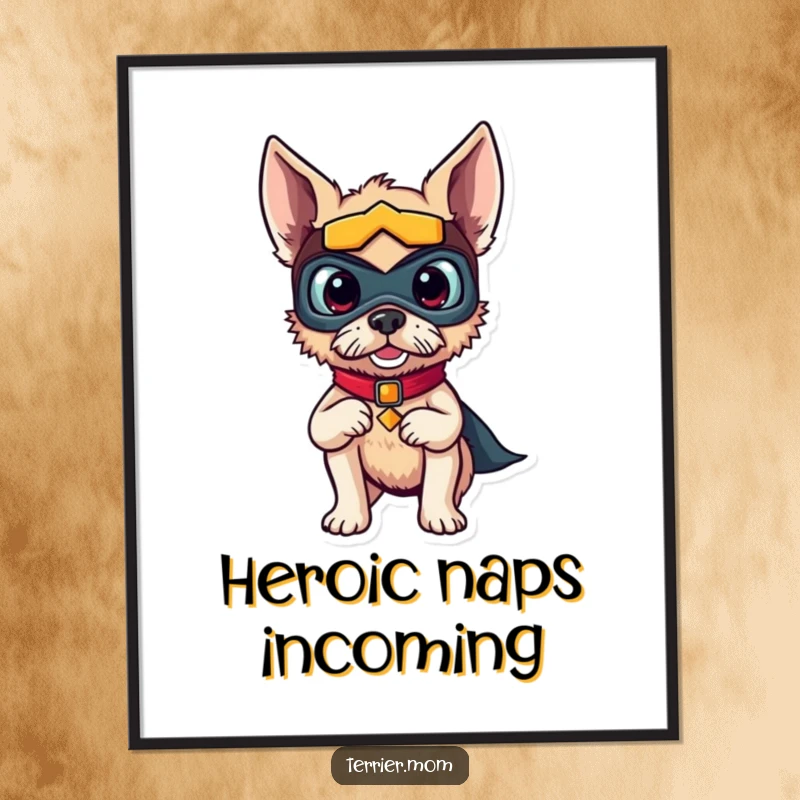 Funny digital art print of a courageous terrier dog wearing a superhero mask, striking an epic and funny pose.