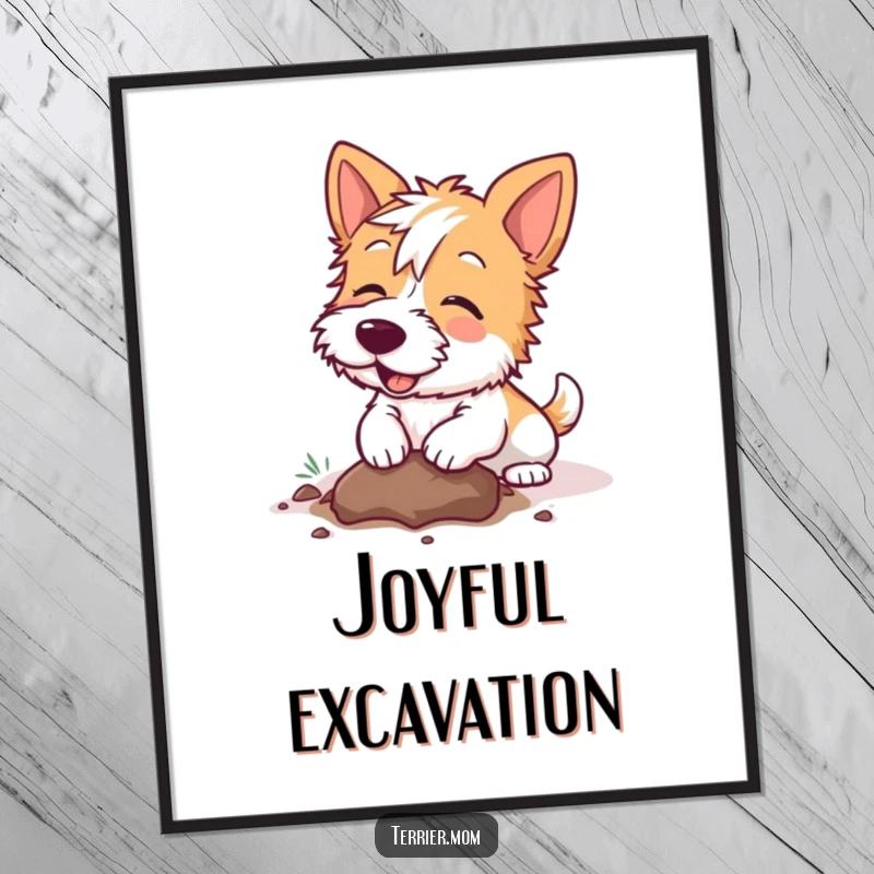Funny Kawaii Terrier dog digital art print, high-quality, showing a dog joyfully digging a hole, ideal for home or office decor.