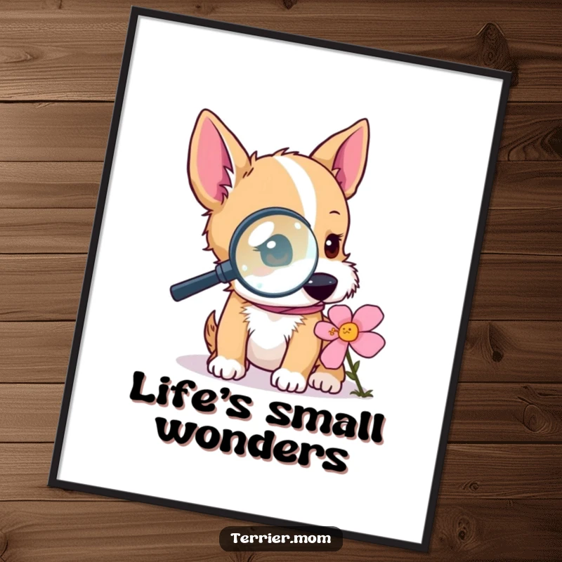 Funny terrier digital art print of a dog with a magnifying glass examining a flower, perfect for immediate download and adding humorous curiosity.