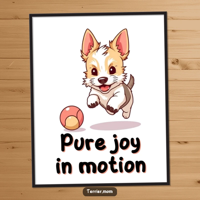 Funny digital art print of a kawaii terrier with perky ears excitedly chasing a bouncing ball, perfect for a playful home accent.