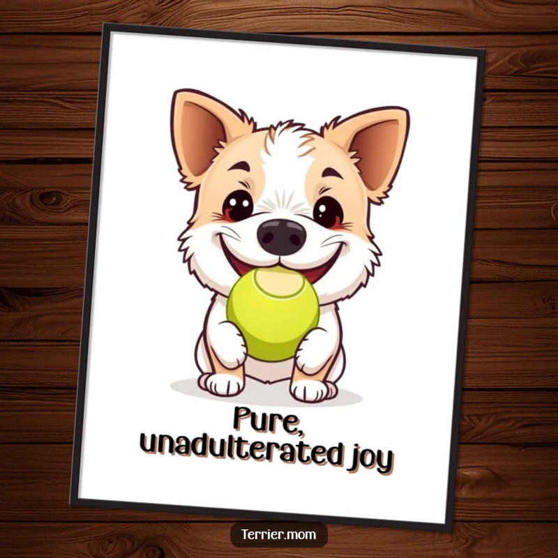 Funny terrier digital art print, a dog joyfully bouncing a tennis ball with its nose, capturing pure happiness and playfulness on walls.