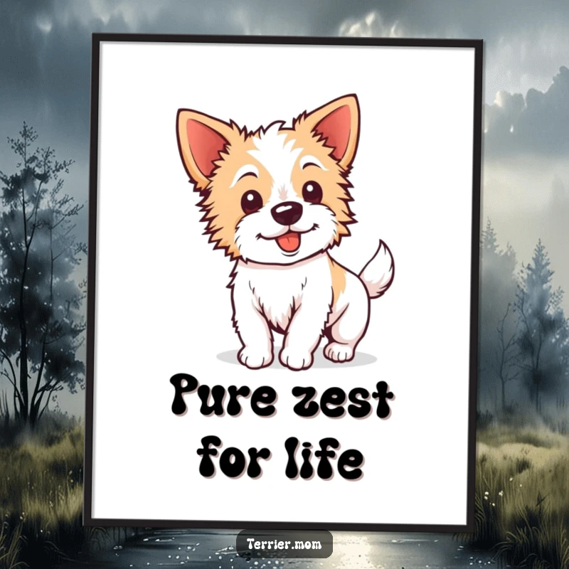 Funny Kawaii Terrier Digital Art: A digital illustration of an energetic dog with perky ears wagging its tail, full of life.