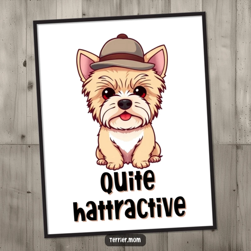 Funny Kawaii Terrier Dog Digital Art Print showing a cute dog wearing a small, jaunty hat, printable art.