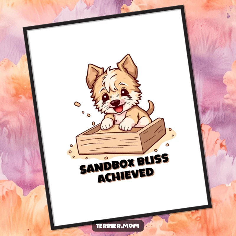 Funny Digital Art Print of a terrier happily digging in a sandbox, dirt flying everywhere, full of playful energy.