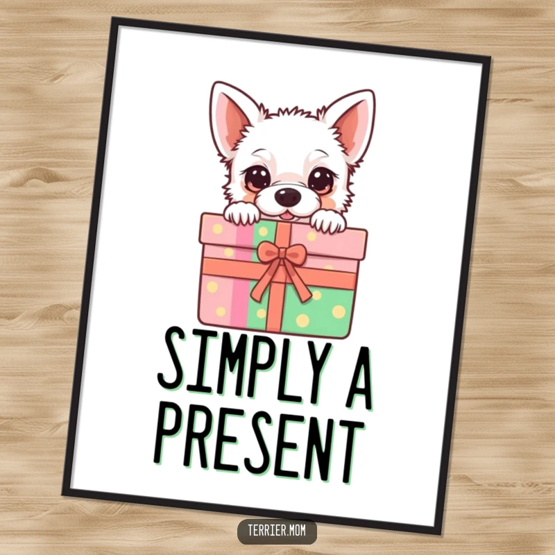 Funny Digital Art Print of a kawaii terrier peeking from a colorful gift box, adding charming cuteness to any decor.