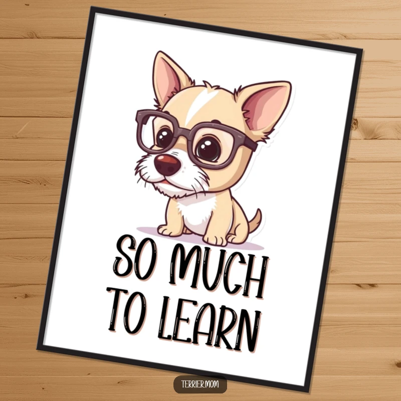Funny terrier digital art print, a dog in oversized glasses, peering intently and humorously at a small unnoticed detail.