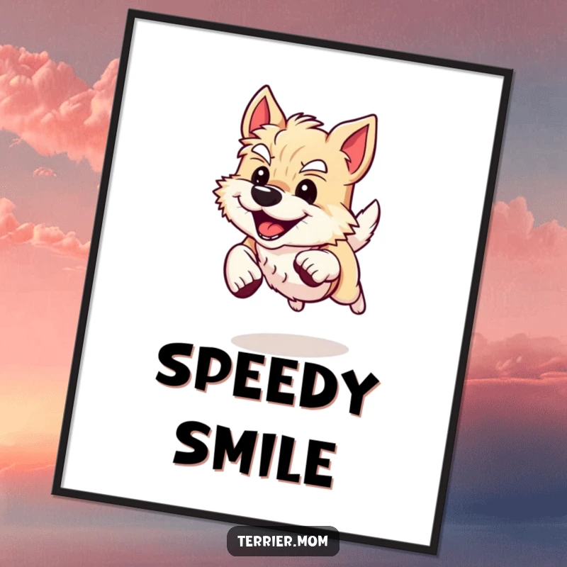 Funny Digital Art Print of an energetic Terrier dog sprinting with a determined, happy grin, embodying pure joy and movement.