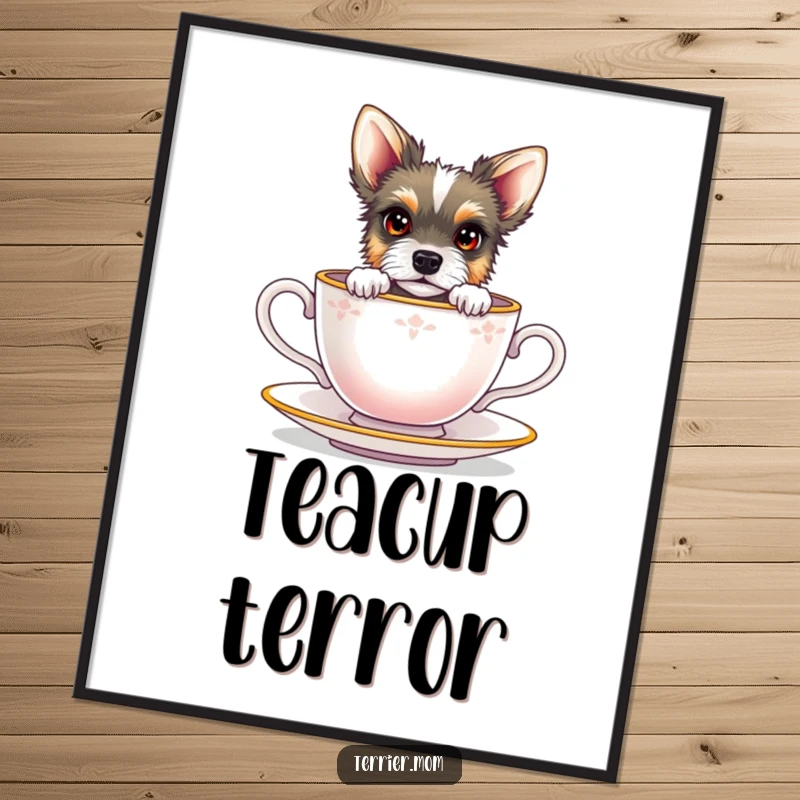 Funny terrier with bright eyes peeking from a miniature teacup, as a downloadable digital art print.