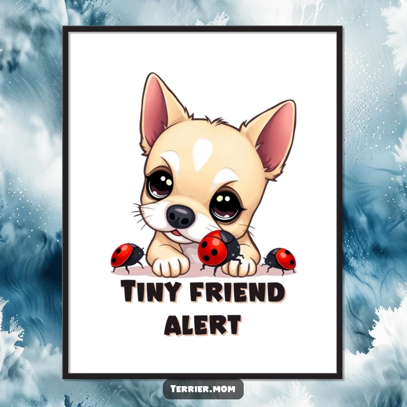 Funny Terrier Digital Art: A high-resolution image of a curious terrier with bright eyes examining a shiny ladybug, perfect for digital display.