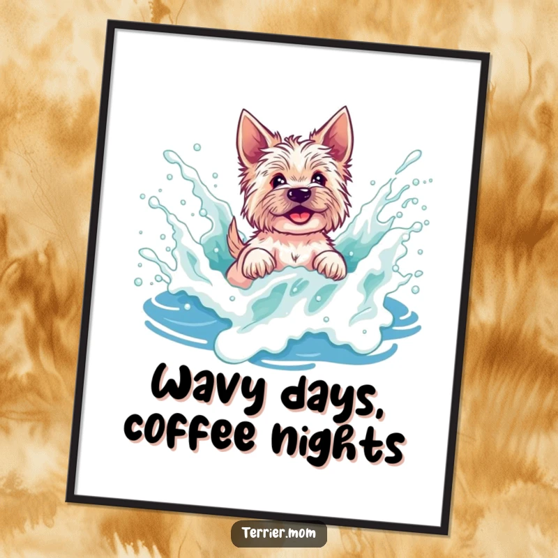 Digital art print of a funny terrier playfully splashing in a vibrant, foamy ocean wave, embodying beach joy.