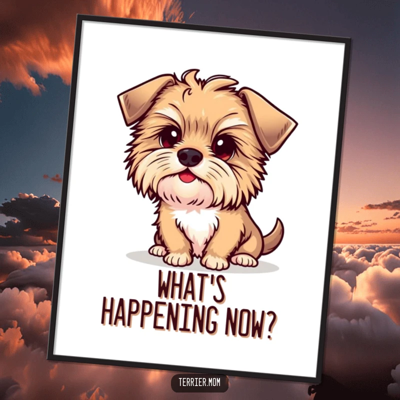 Funny Kawaii Terrier Dog Digital Art Print, featuring a cute puppy tilting its head curiously, perfect for framing.