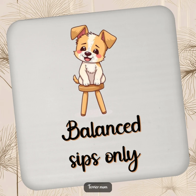 Funny Coaster: A durable coaster depicting a cheerful terrier with floppy ears giggling precariously on a small stool.