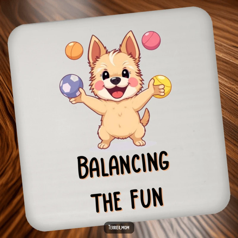 Funny Drink Coaster featuring a happy Terrier dog juggling four bright bouncing balls, adding a touch of playful skill to tabletops.