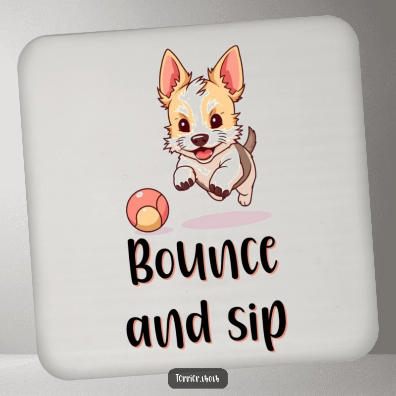 Funny drink coaster with a kawaii terrier dog with perky ears excitedly chasing a bouncing ball, adding a playful touch.