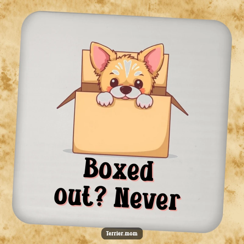 Funny drink coasters featuring a terrier peeking out from an empty cardboard box.
