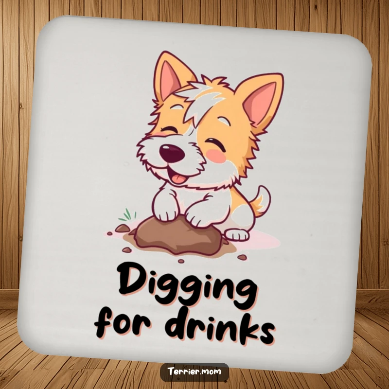 Funny Kawaii Terrier dog coaster, practical and charming, showing a dog joyfully digging a hole, perfect for protecting tables.