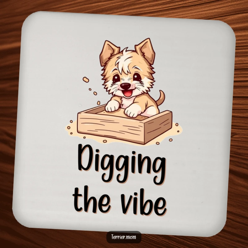 Funny Coaster featuring a terrier happily digging in a sandbox, dirt flying, adding playful charm to tabletops.