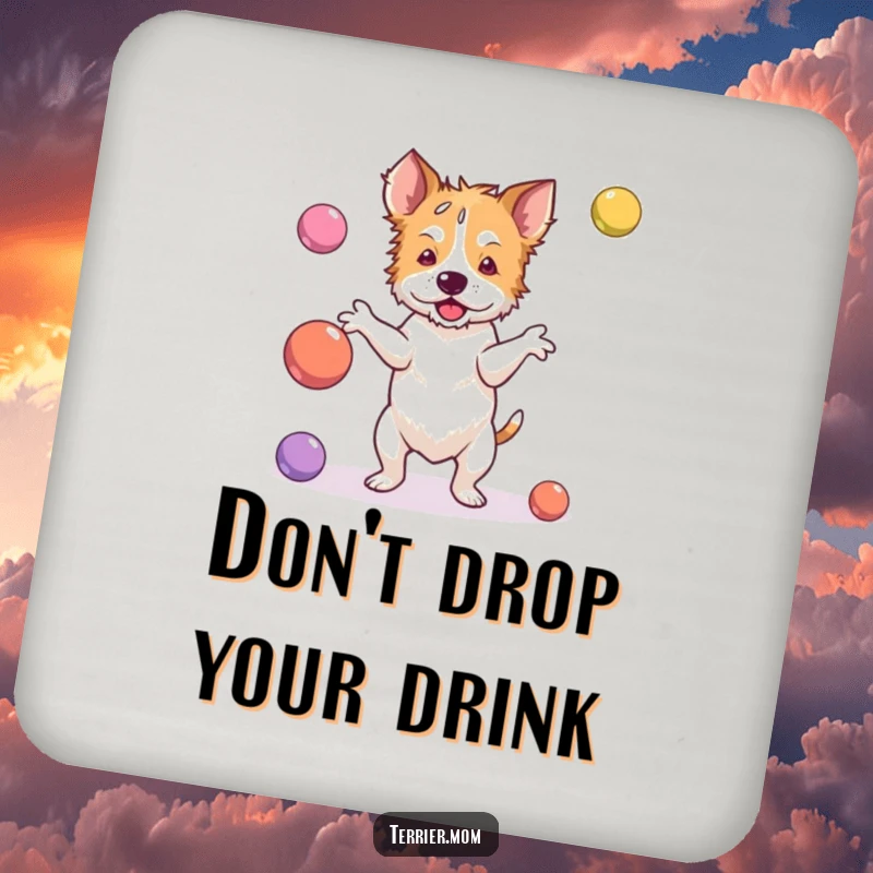 Funny terrier drink coaster depicting a dog clumsily juggling bouncy balls, protecting surfaces with humor.