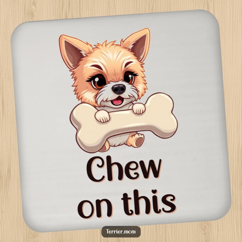 Funny drink coasters with a mischievous terrier firmly holding a giant bone, preventing spills with canine determination.