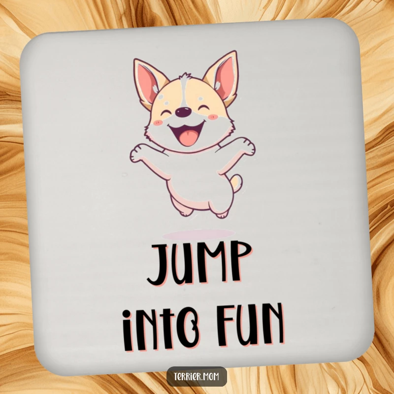 Funny drink coasters featuring a small, energetic dog with pointed ears jumping joyfully with enthusiasm.