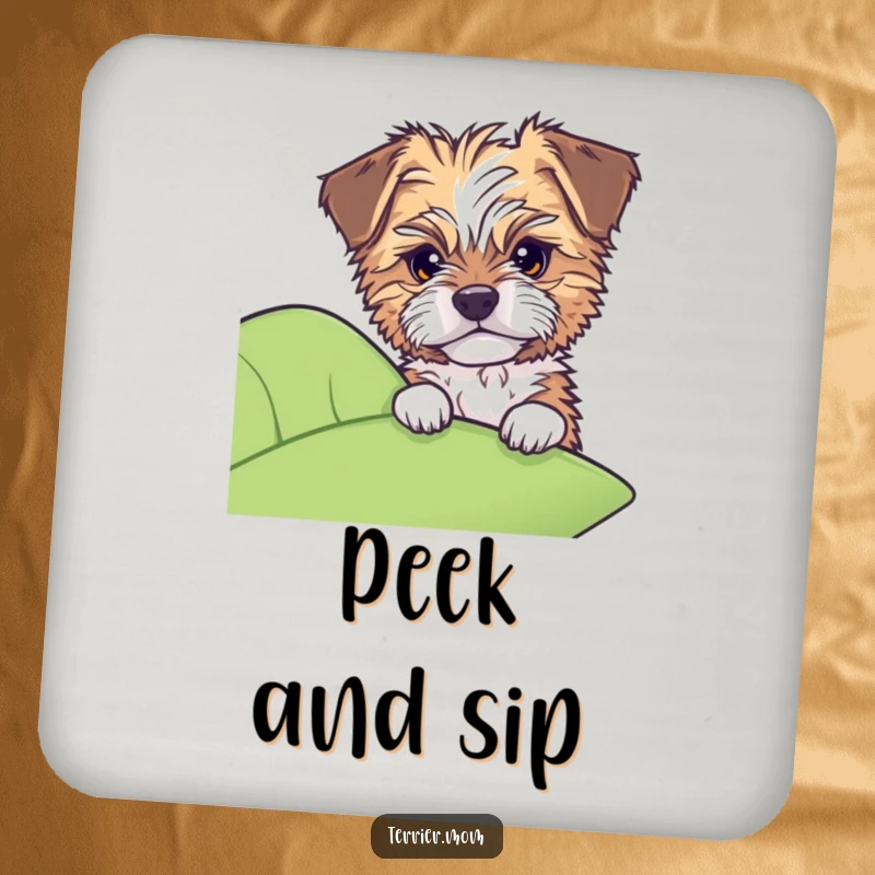 Funny drink coasters featuring a tousled dog peeking with shy curiosity from behind a large leaf.