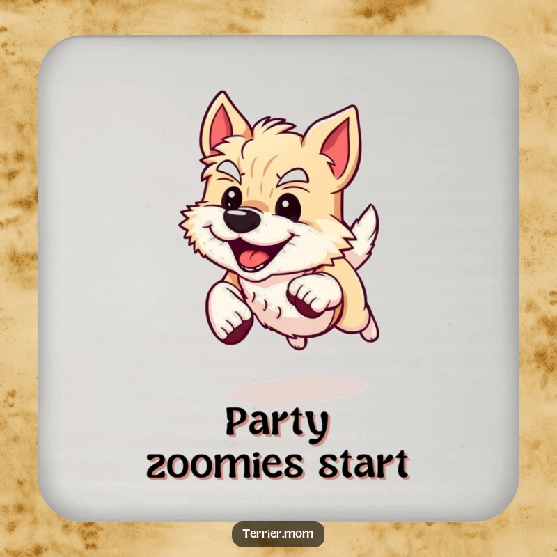 Funny Drink Coaster featuring an energetic Terrier dog sprinting with a happy grin, adding a playful touch to any surface.