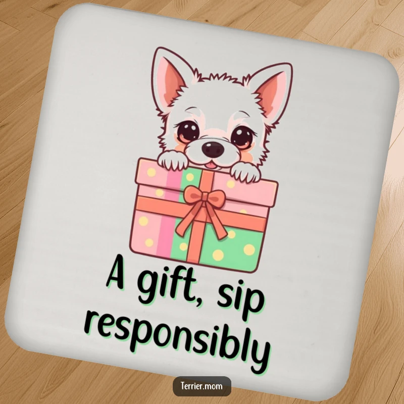 Funny Coaster featuring a kawaii terrier peeking from a colorful gift box, adding adorable charm to tabletops.