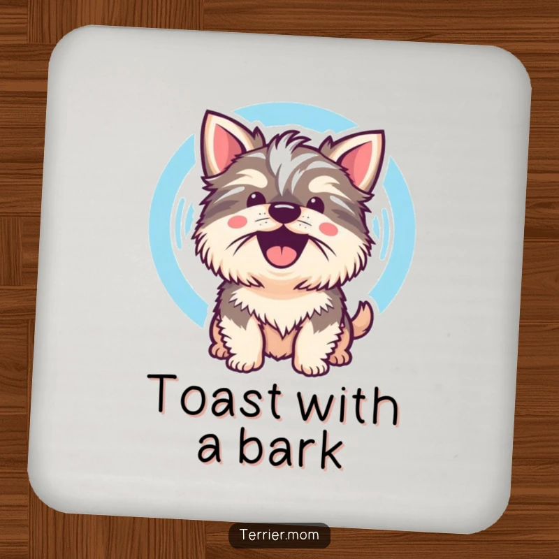 Funny Kawaii Terrier Dog Coaster featuring a cute dog whose cheerful bark is visualized as a sound wave, protective and expressive.