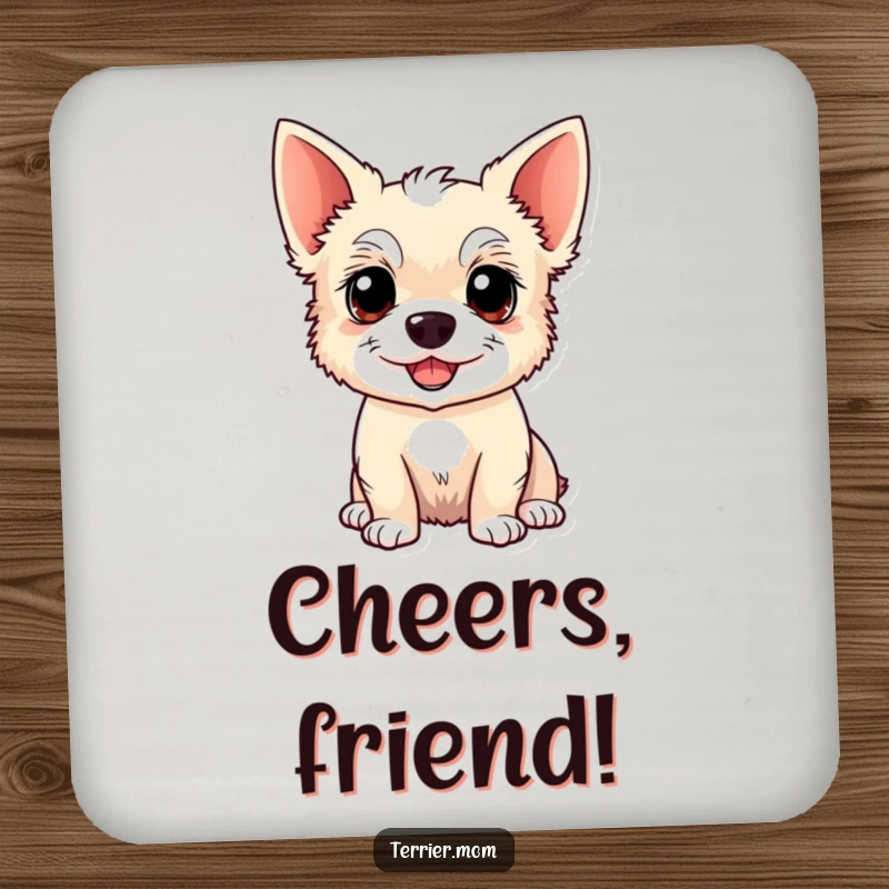 Funny Kawaii Terrier dog coaster, practical and charming, showing an alert, happy dog with pointed ears, perfect for protecting tables.