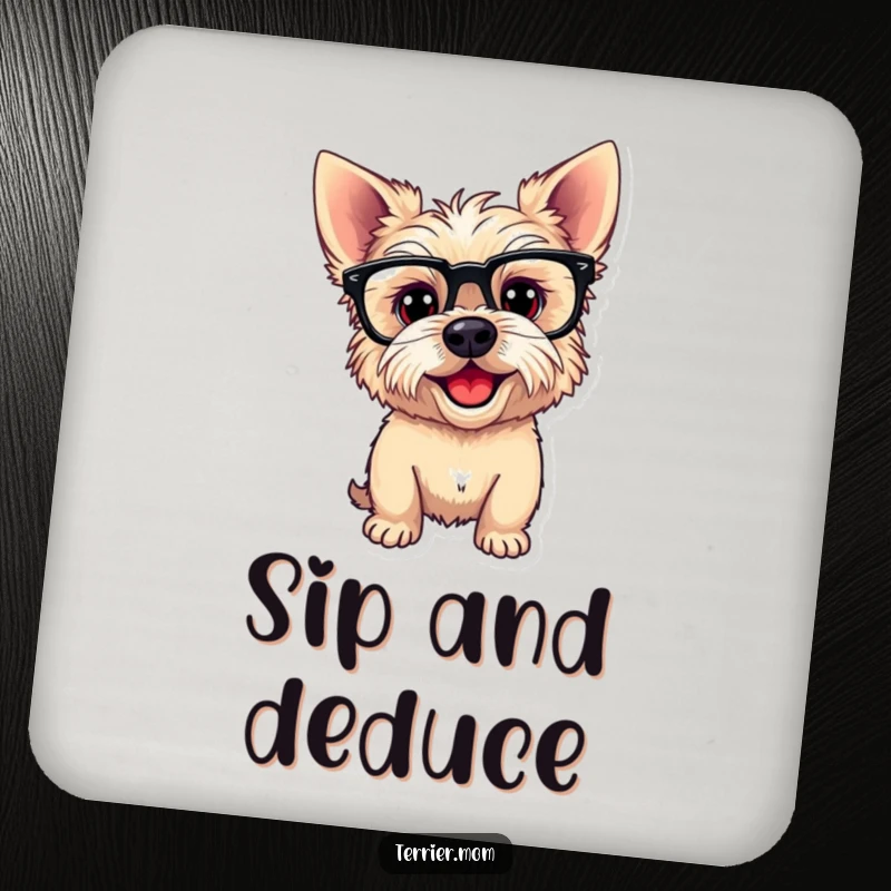 Funny Drink Coaster featuring a playful Terrier dog wearing funny glasses and tilting its head, adding a touch of intellectual humor to tabletops.