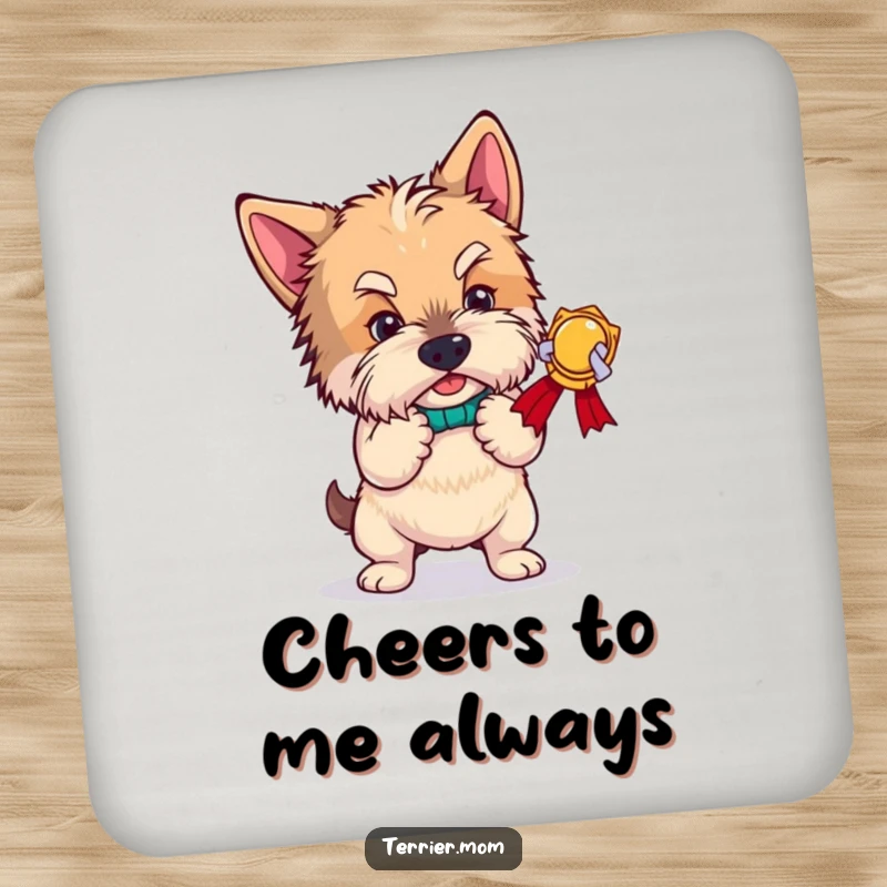 Funny terrier coasters, a dog in a dramatic, humorous bow, protecting tabletops from drink rings with canine elegance.