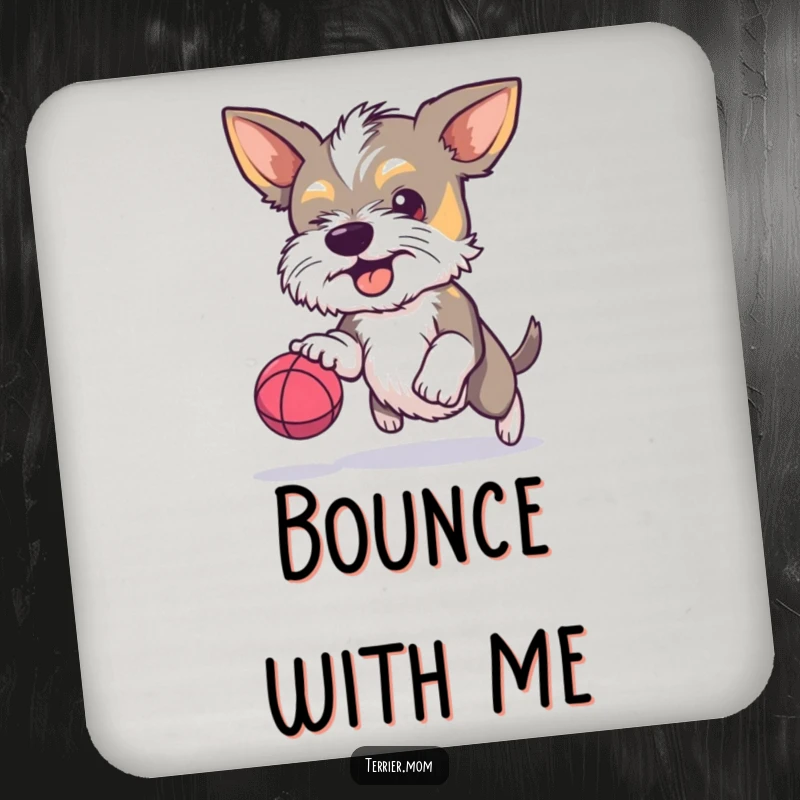 Funny Terrier coaster, determined dog, bouncing ball, focused pet, humorous home accessory, pet drinkware, excellent funny gift.