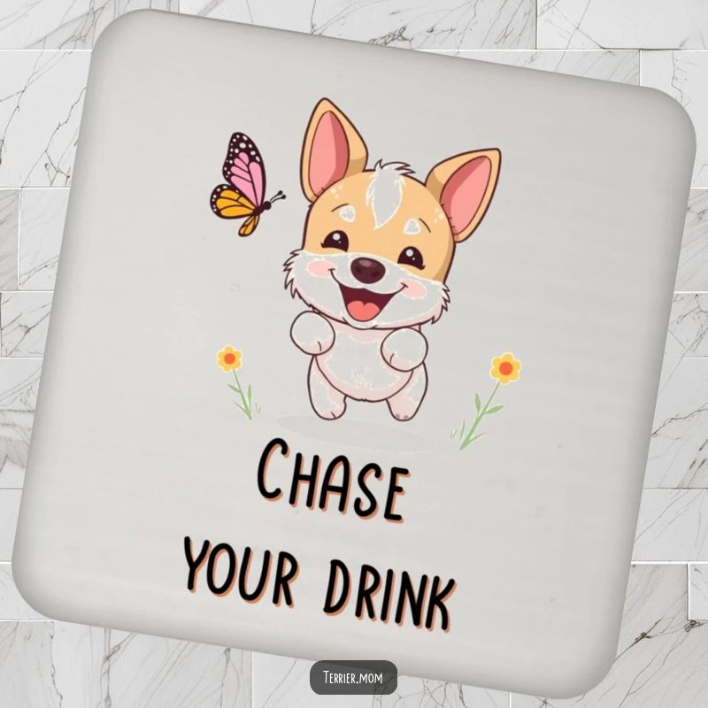 Funny terrier coasters, a dog excitedly chasing a butterfly with a happy expression, protects surfaces and adds humor, great funny gift.