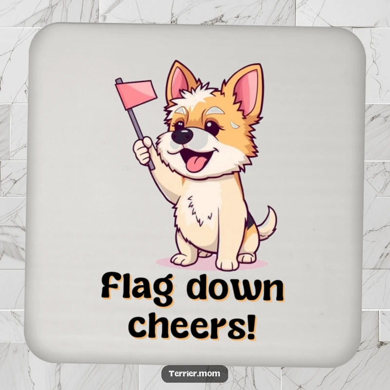 Funny drink coaster featuring a spirited Terrier dog enthusiastically waving a small flag, protecting surfaces with canine charm.