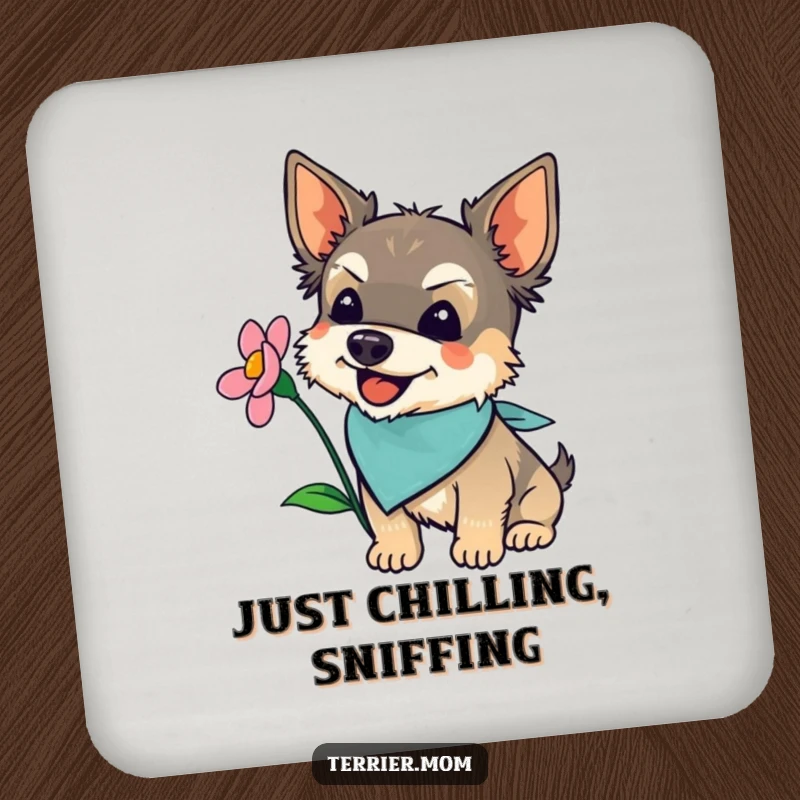 Funny terrier wearing a bandana, joyfully sniffing a blooming flower, on a protective drink coaster.