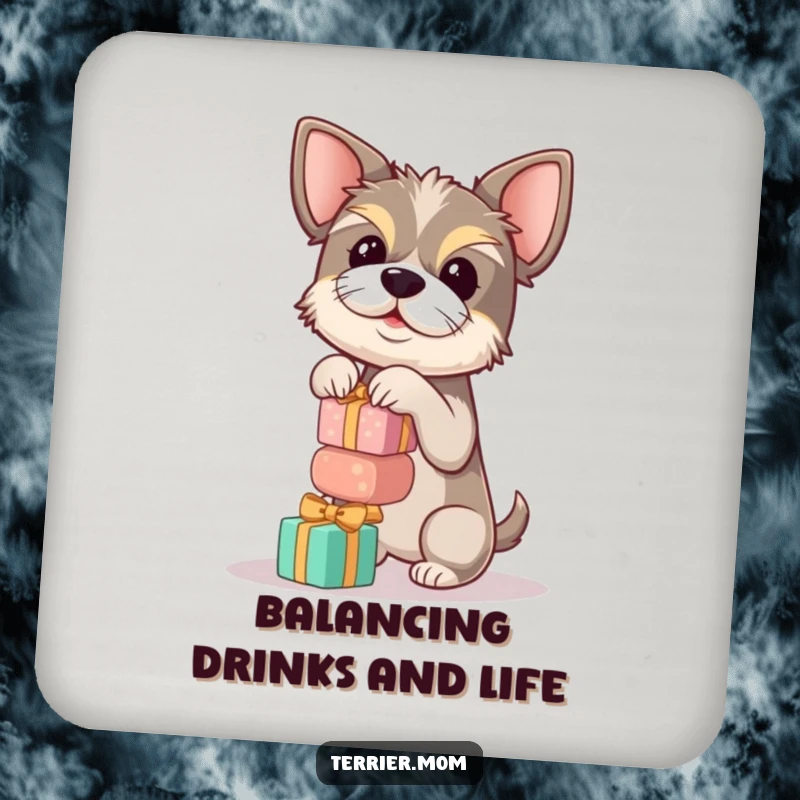 Funny terrier drink coasters with a dog balancing a stack of round gifts, perfect for adding humorous protection.