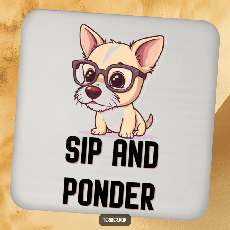 Funny terrier coasters, a dog wearing glasses, curiously inspecting a coaster, demonstrating intelligent protection for surfaces.