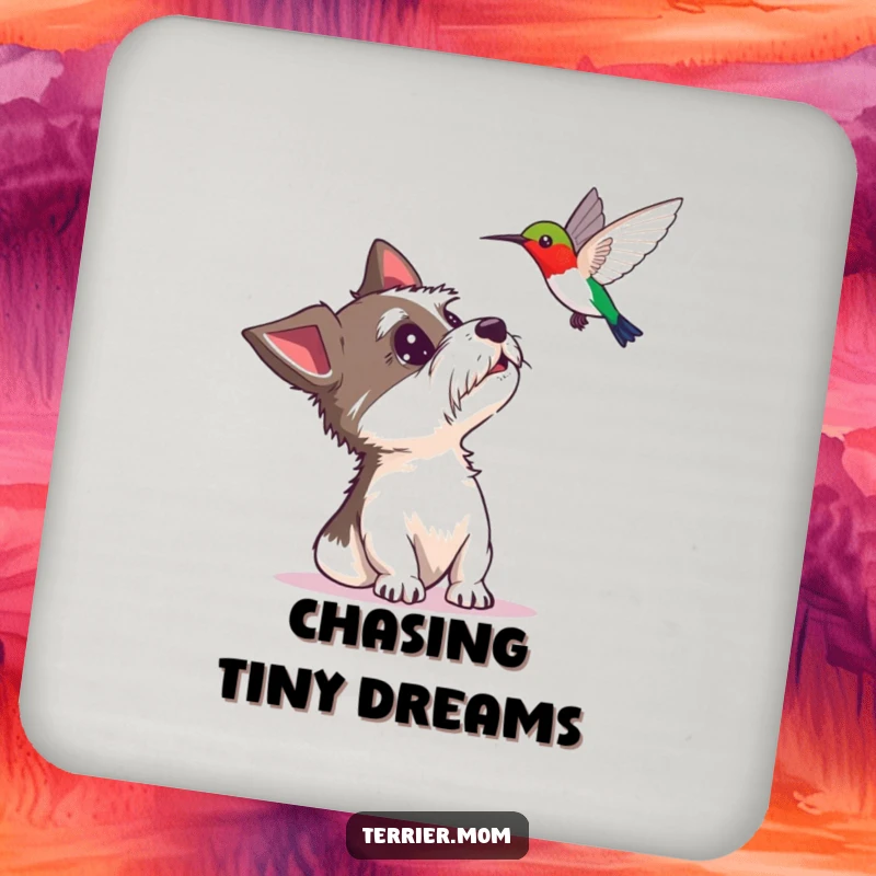 Funny drink coasters with a surprised terrier looking up at a hovering hummingbird, adding a touch of humor to any tabletop.