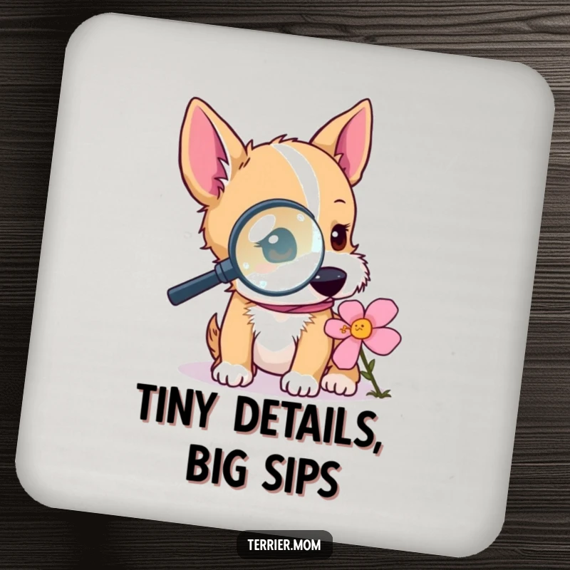 Funny terrier drink coasters with dogs using magnifying glasses to examine flowers, adding a humorous and inquisitive touch to table protection.