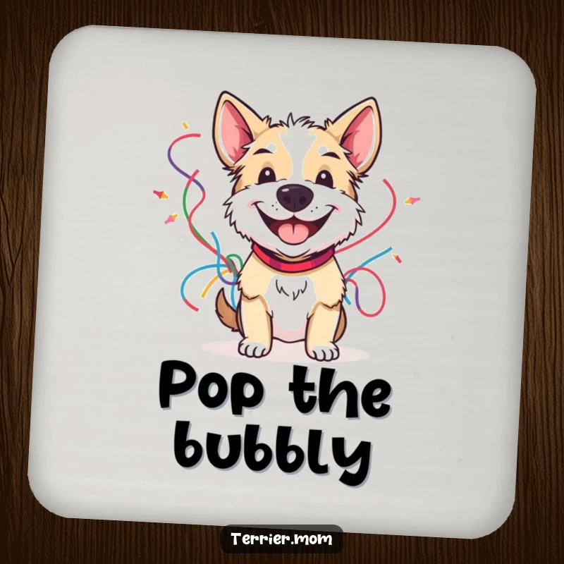 Funny drink coasters with a grinning terrier holding colorful streamers, perfect for adding a festive touch to any tabletop.
