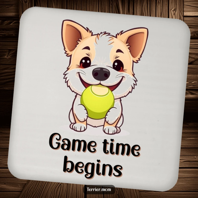 Funny terrier coasters, a dog happily bouncing a tennis ball with its nose, adding a playful touch to drink protection.